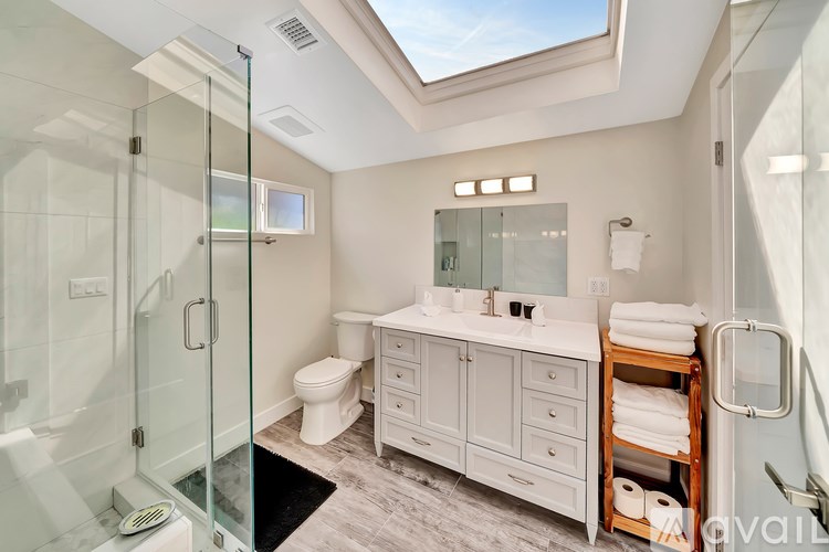 A bathroom with a skylight and a glass shower stall.