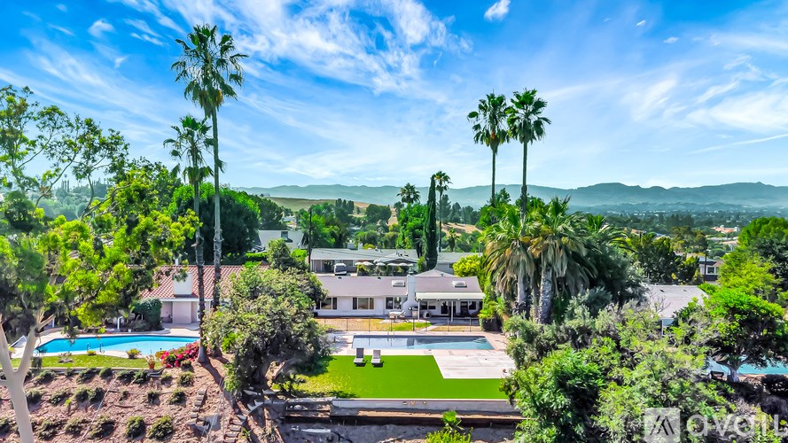 A house with a pool surrounded by palm trees.
