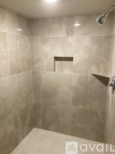 A shower area with a tiled wall and a shower head.