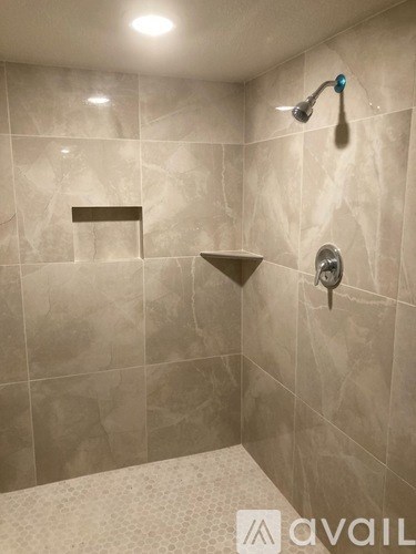 A shower area with a tiled wall and a built in shelf.