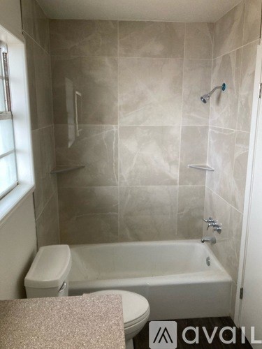 A bathroom with a toilet, tub, and shower.