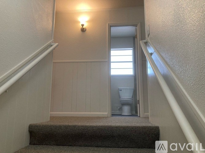 A stairway with a carpeted stair mat and a light on the wall.