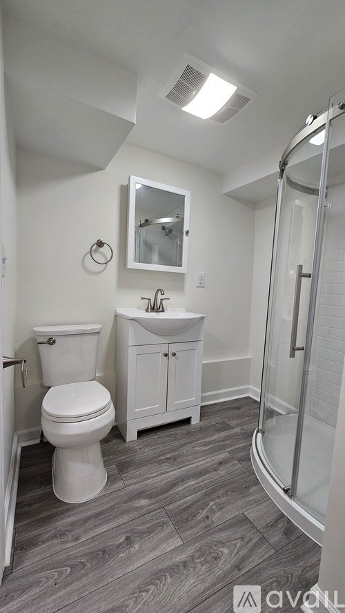 A white toilet sits in a bathroom with wood flooring and a mirror above a sink.