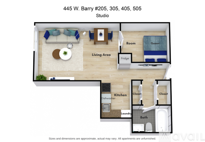 A floor plan of a studio apartment with a living area, kitchen, and bathroom.