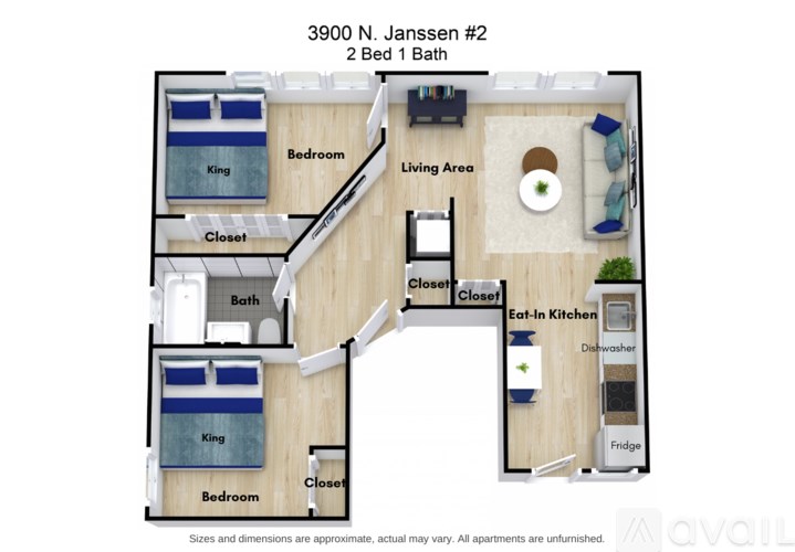 A floor plan of a 2 bedroom, 1 bathroom apartment at 3900 N. Janssen #2.