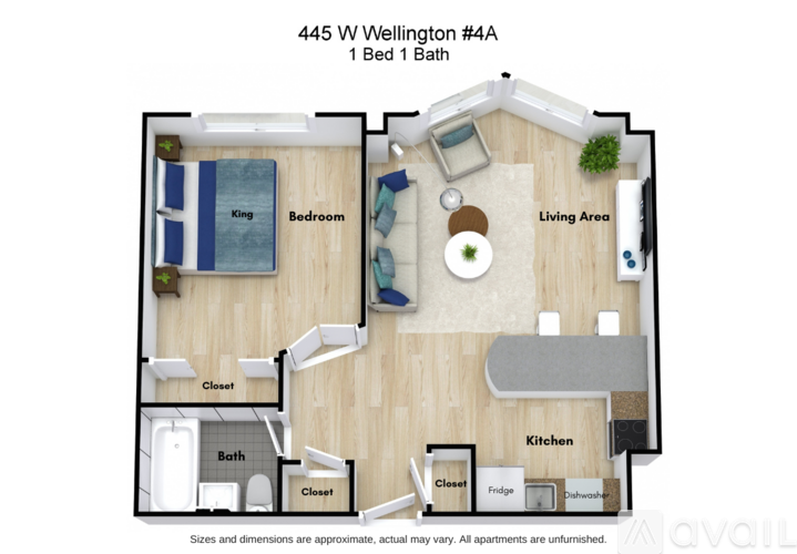 A floor plan of a one bedroom apartment with a bathroom and a living area.