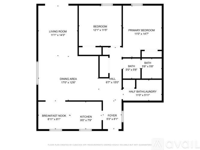 A floor plan of a house with a living room, two bedrooms, a dining area, a breakfast nook, a kitchen, a foyer, and a half bath.