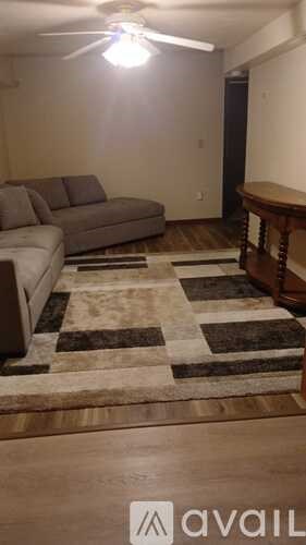 A living room with a couch and a rug.