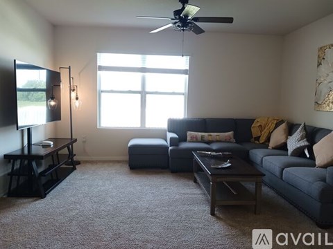 A living room with a grey couch, a black coffee table, and a television on a stand.