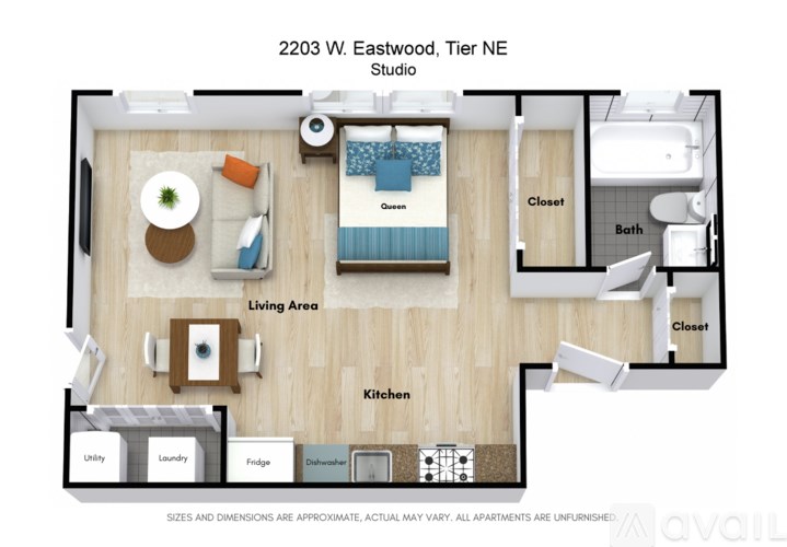 A floor plan of a studio apartment at 2203 W. Eastwood, Tier NE.