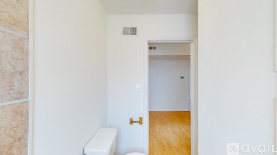 A white door is open to a small closet.