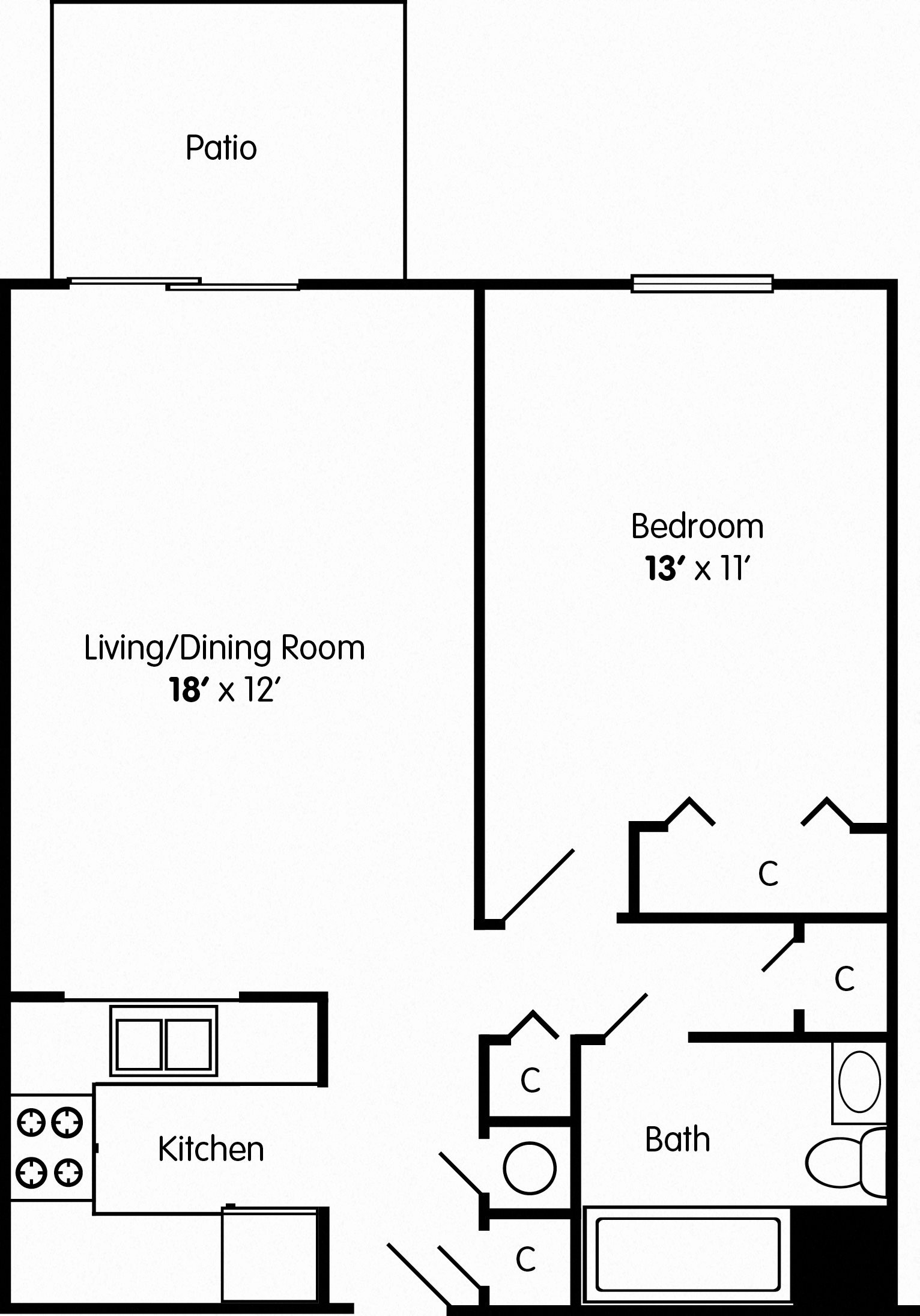 One Bedroom Apartment Modified for Mobility Impaired Floor Plan 2