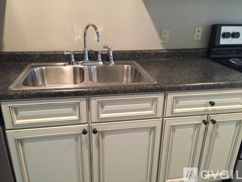 A kitchen with a sink and cabinets.