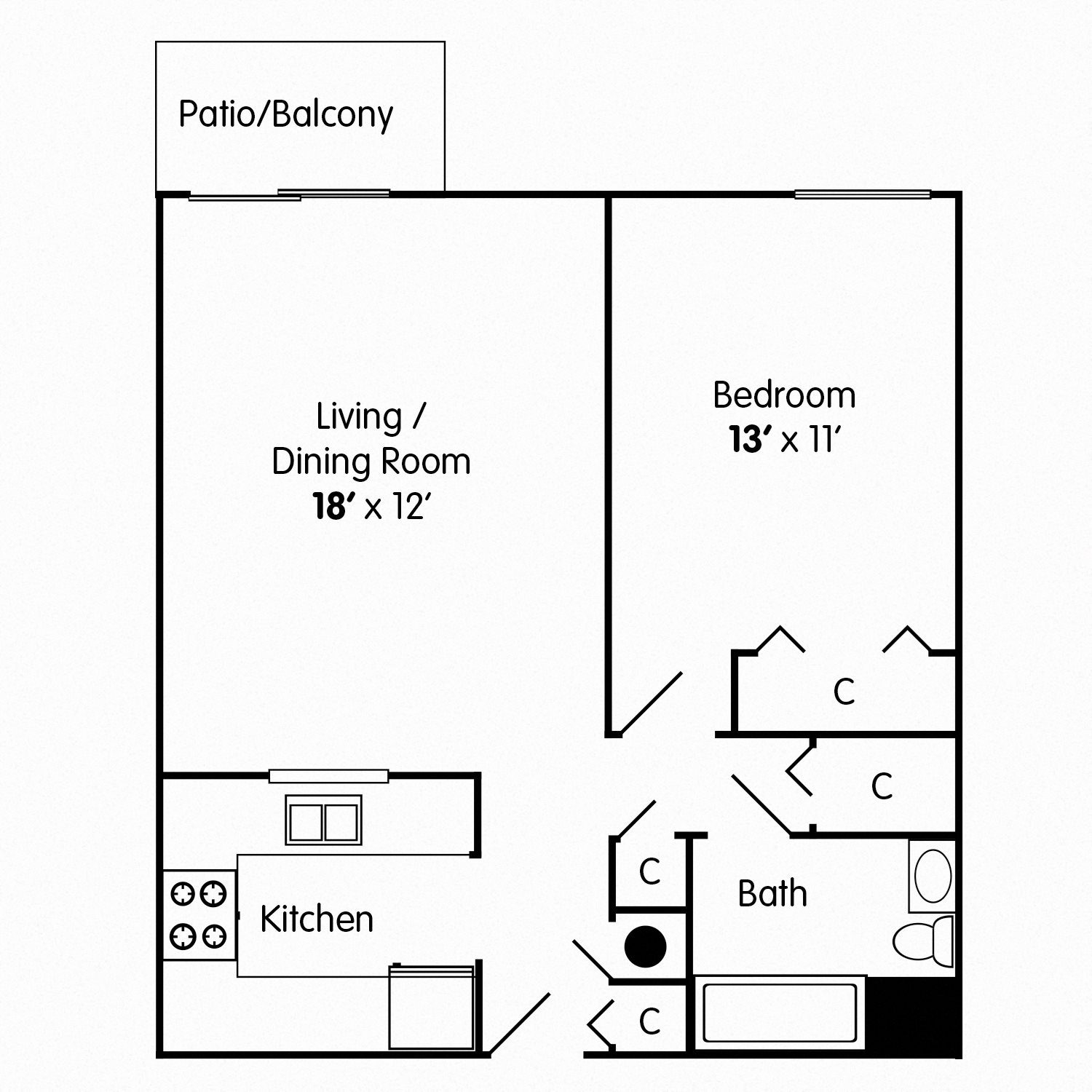 One Bedroom Apartment Modified for Mobility Impaired Floor Plan 2