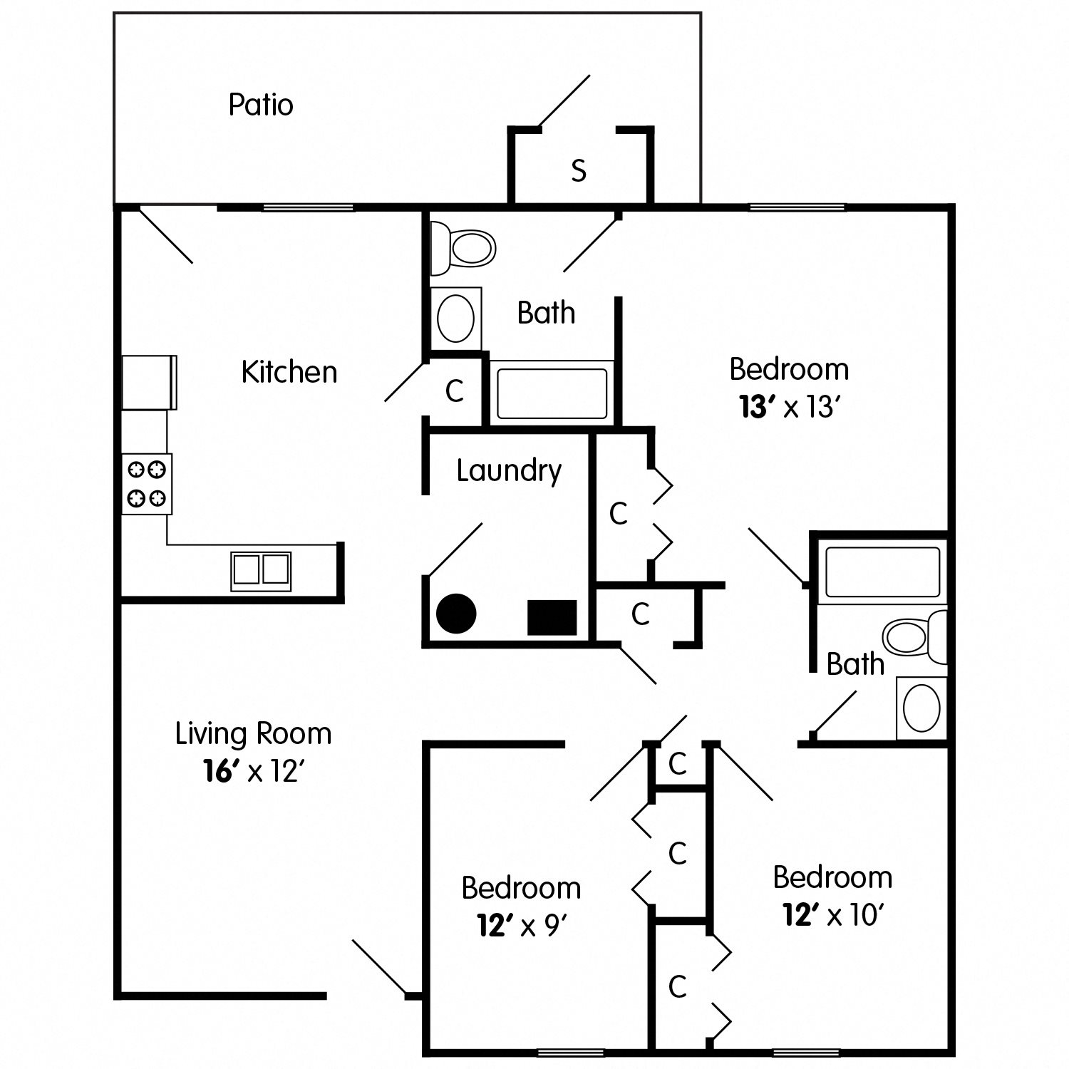 Pine: 3 Bedroom Apartment Floor Plan 2