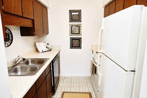 a kitchen with a sink and a refrigerator