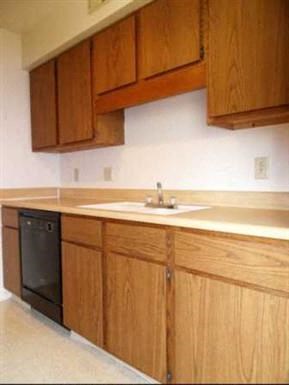 a kitchen with wooden cabinets and a sink