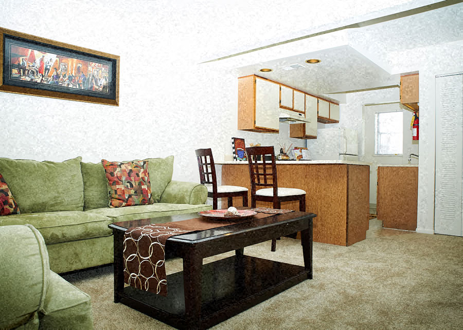 A living room with a green couch and a coffee table.