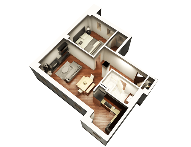 1 Bed 1 Bath 808 sqft 3D Floor Plan at Somerset Place Apartments, Illinois, 60640
