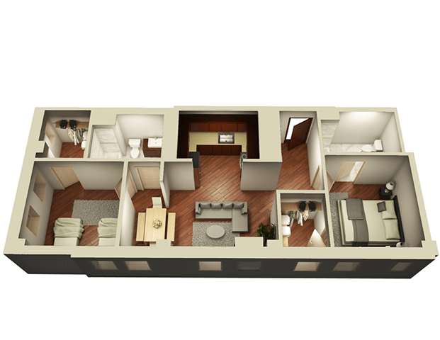2 Bed 2 Bath 1006 sqft 3D Floor Plan at Somerset Place Apartments, Chicago, Illinois