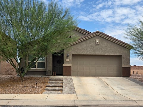 A house with a garage and a tree in front.
