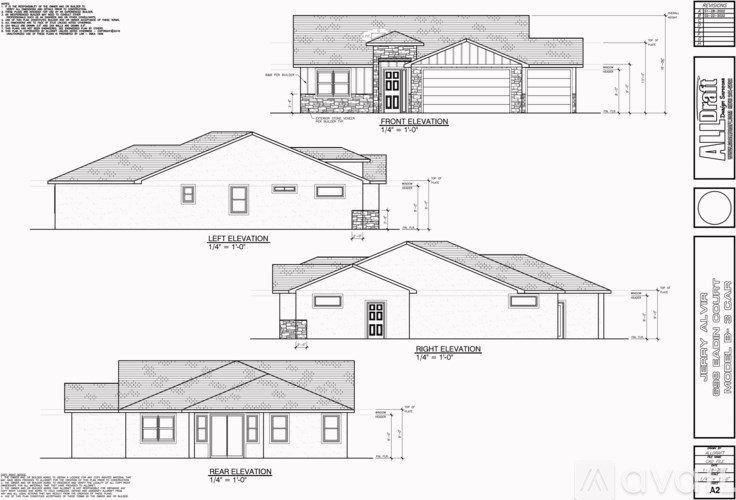 A set of architectural drawings show three elevation views of a house.