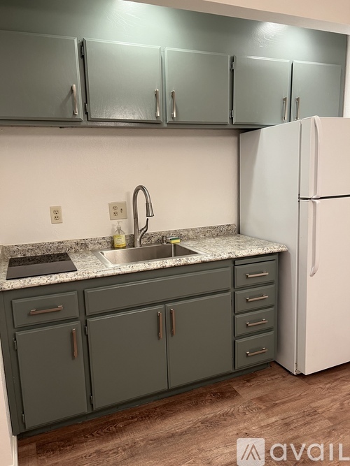 A kitchen with a sink, cabinets, and a refrigerator.