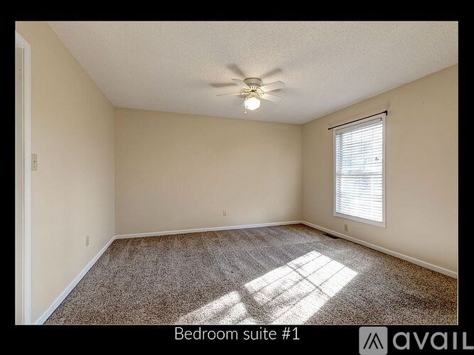 A bedroom suite with a carpeted floor and a ceiling fan.