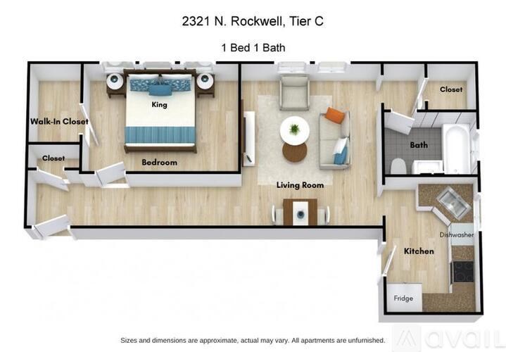 A floor plan of a 1 bedroom apartment with a bedroom, living room, kitchen, and bathroom.