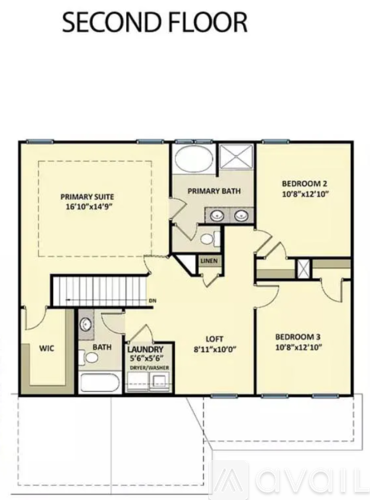 A floor plan of a second floor apartment with a primary suite, two bedrooms, a laundry room, and a washroom.