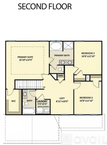 A floor plan of a second floor apartment with a primary suite, two bedrooms, a laundry room, and a washroom.