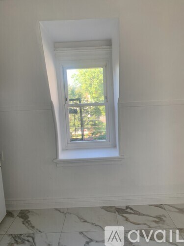 A window in a room with a view of trees outside.