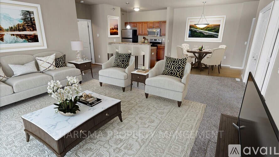 A living room with a coffee table in the center and a dining table with chairs in the background.
