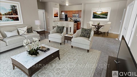 A living room with a coffee table in the center and a dining table with chairs in the background.