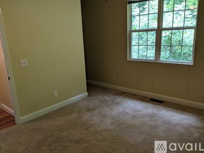 A room with a window and a carpeted floor.