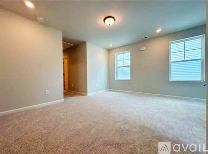A spacious room with carpeted floor and two windows.