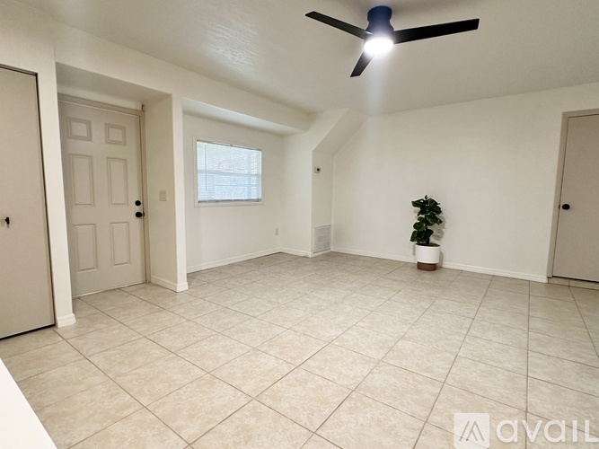 A room with a ceiling fan and a plant on a table.
