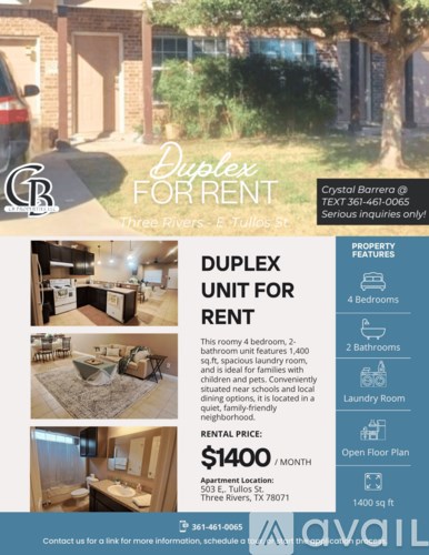 A room with a bed, a couch, and a dining table is shown in a duplex for rent advertisement.