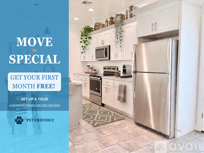 A kitchen with a promotion for a free first month.