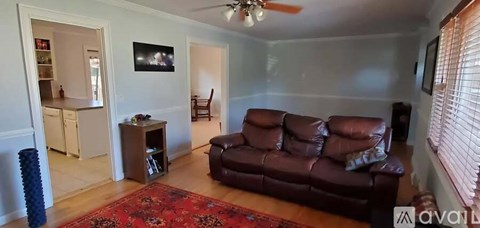 A living room with a brown couch and a red rug.