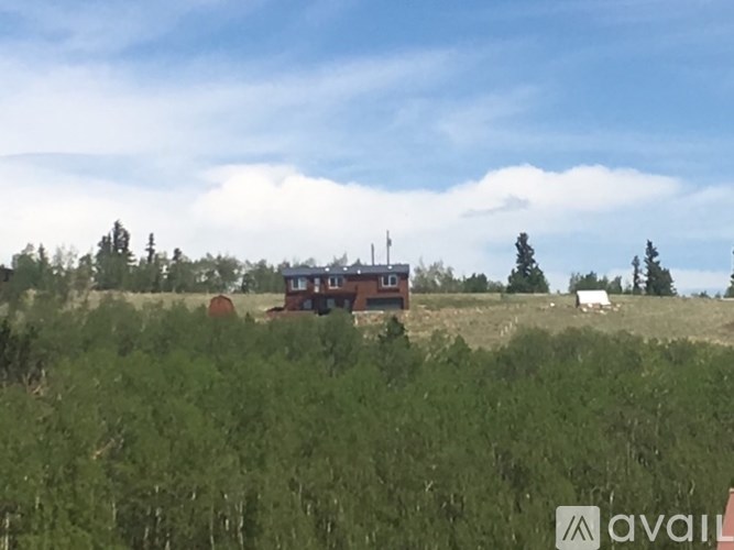A house is situated on a hill with trees in the background.