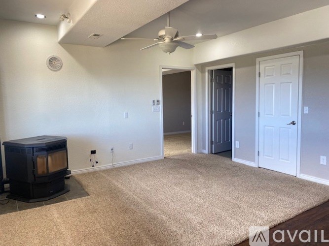 A living room with a carpet, a wood stove, and a ceiling fan.