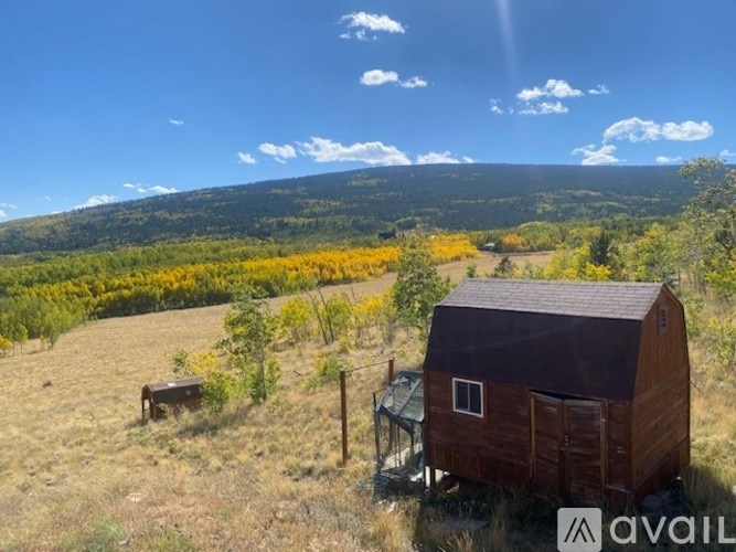 A wooden shed sits in a field with a mountain in the background.
