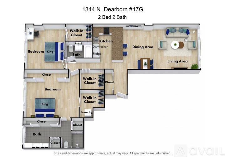 A floor plan of a 2 bedroom, 2 bath apartment at 1344 N. Deaborn #17G.