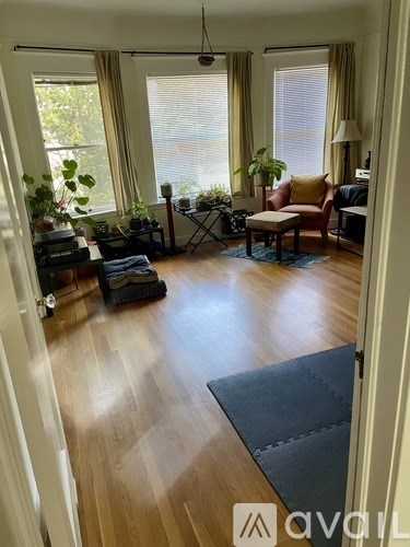 A living room with a blue rug and wooden floors.