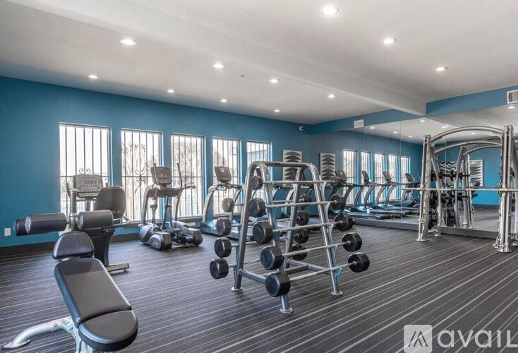 A gym with a variety of equipment including dumbbells, weight machines, and benches.