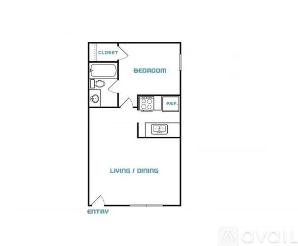A floor plan of a bedroom with a living/dining area and an entry.
