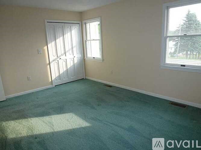 A room with a carpeted floor and two windows.