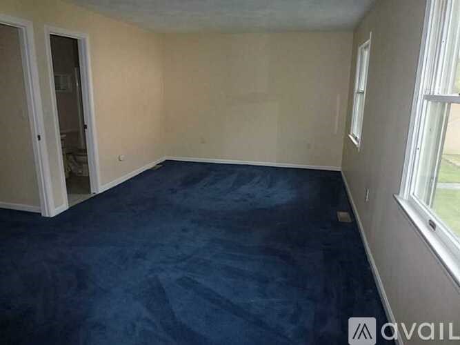 A room with a blue carpet and a window on the right side.
