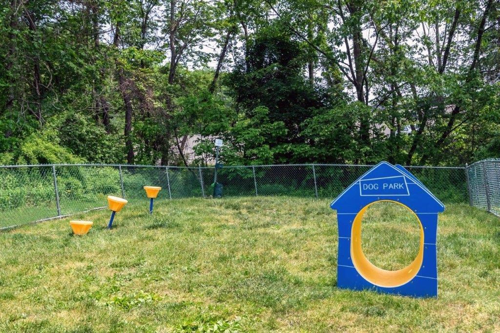 a dog park with a blue dog house in the grass